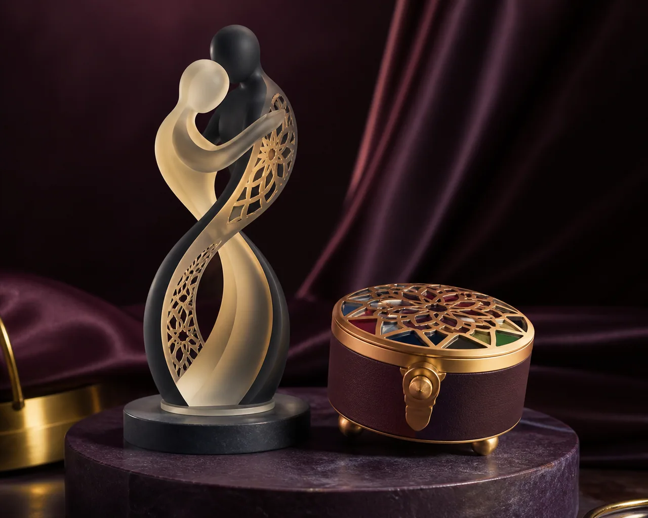 Pre-launch concept image of the topper and ring box pair on an editorial plinth