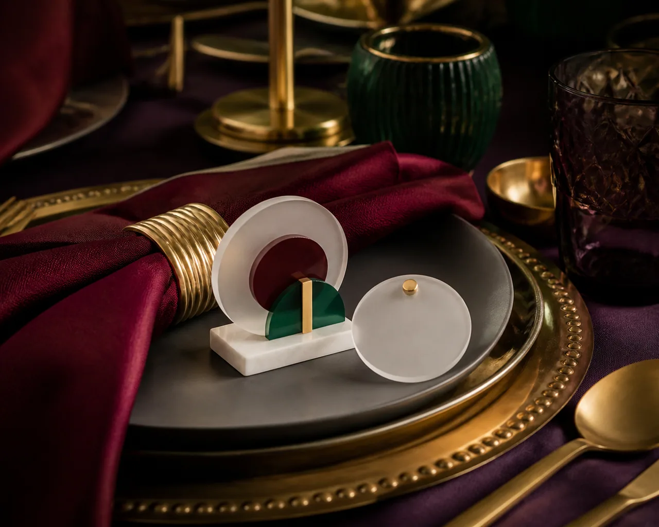 Pre-launch concept image of one miniature favour and blank name object at a place setting