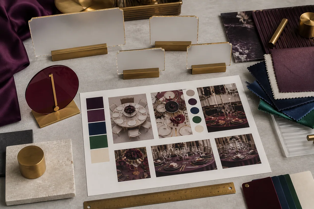 Pre-launch concept image of a proofing table with blank copy cards and material samples